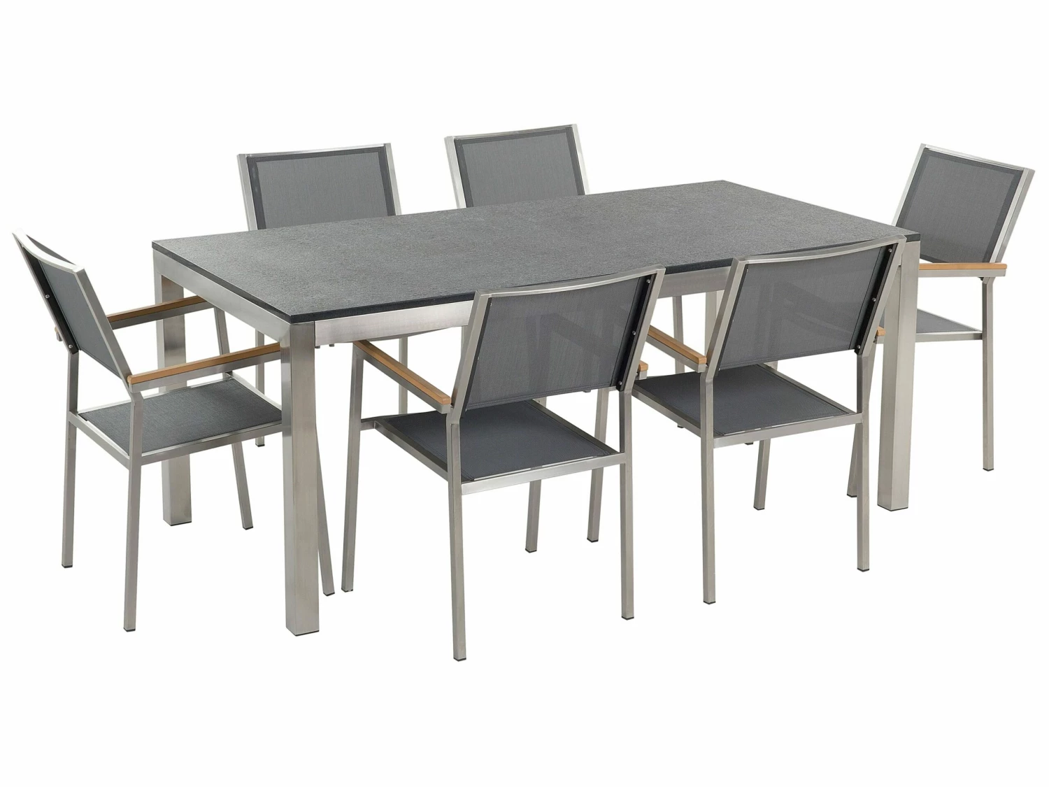 Gartenmöbel Set Naturstein Schwarz Geflammt 180 X 90 Cm 6-Sitzer Stühle Textilbespannung Grau GROSSETO