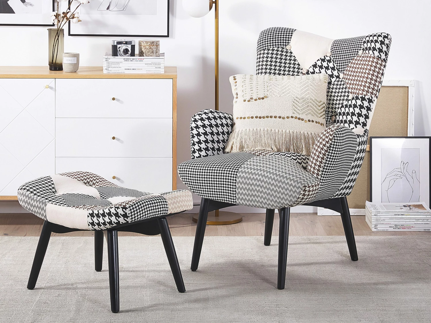 Sessel Polsterbezug Schwarz-weiß Plus Hocker VEJLE – Bild 2