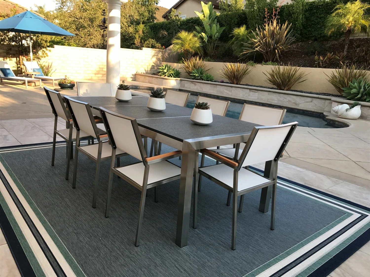 Gartenmöbel Set Naturstein Schwarz Geflammt 220 X 100 Cm 8-Sitzer Stühle Textilbespannung Weiß GROSSETO – Bild 4