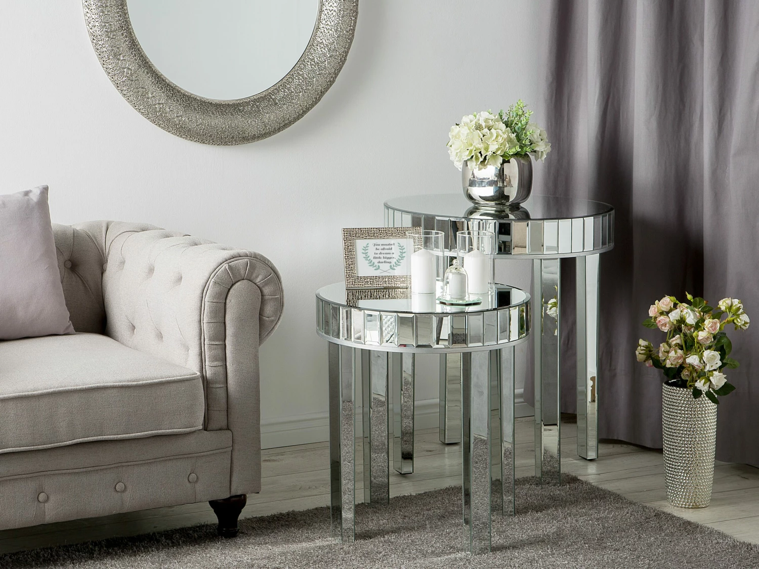 Beistelltisch 2er Set Glas Spiegeleffekt Silber Rund RIMARDE – Bild 2