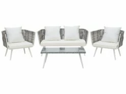 Lounge Set Rattan Grau Meliert 4-Sitzer Auflagen Cremeweiß RAGUSA
