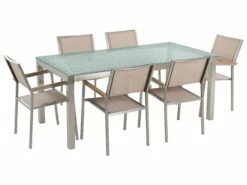 Gartenmöbel Set Crashglas 180 X 90 Cm 6Sitzer Stühle Textilbespannung Beige GROSSETO