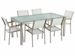 Gartenmöbel Set Crashglas 180 X 90 Cm 6Sitzer Stühle Textilbespannung Weiß GROSSETO