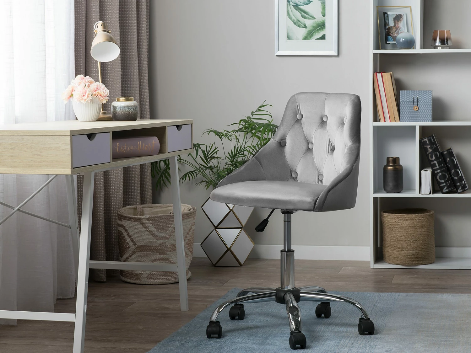 Arbeitshocker Mit Rollen Grau Samtstoff PARRISH – Bild 2