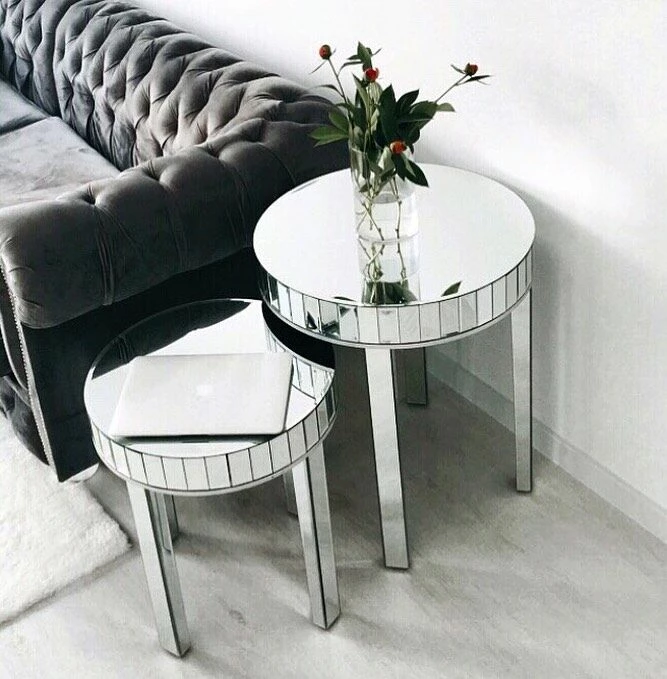 Beistelltisch 2er Set Glas Spiegeleffekt Silber Rund RIMARDE – Bild 3