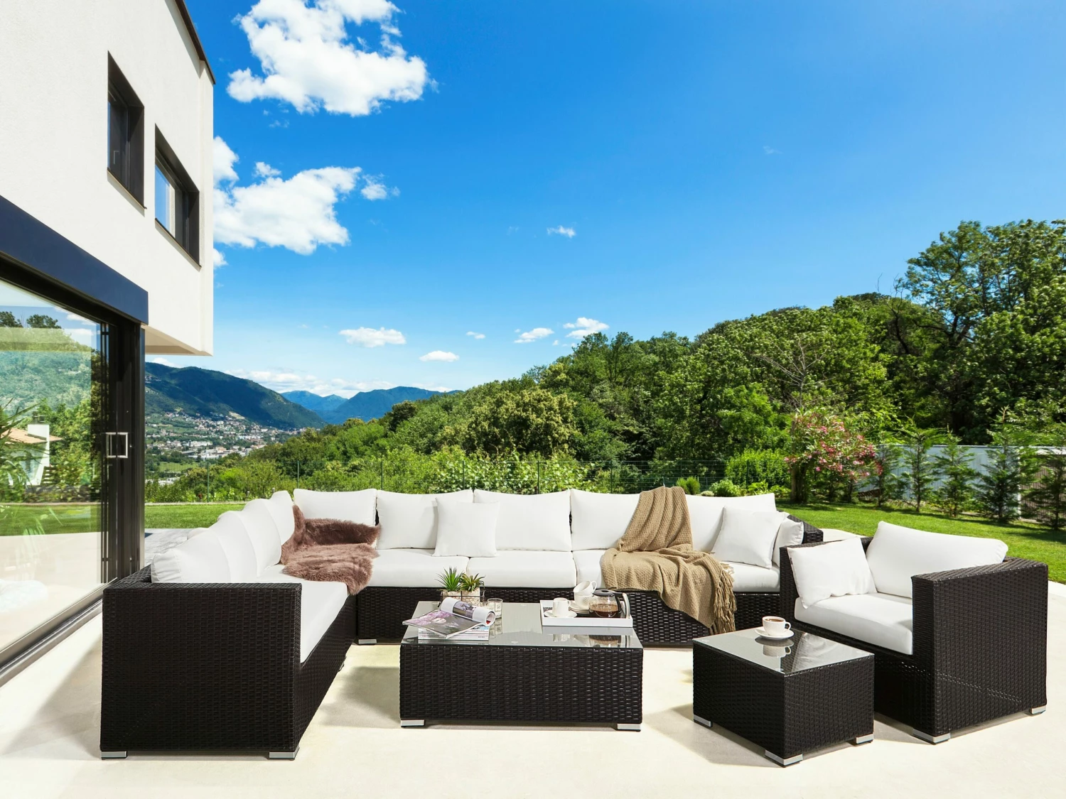 Lounge Set Rattan Braun 8-Sitzer Auflagen Beige XXL – Bild 2