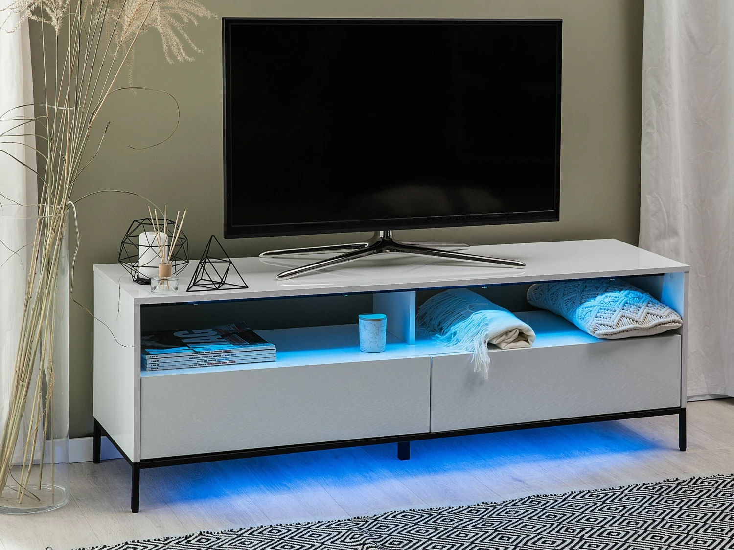 TV-Möbel Weiß / Hochglanz Mit LED-Beleuchtung 2 Schubladen 150 X 42 X 52 Cm SYDNEY – Bild 2