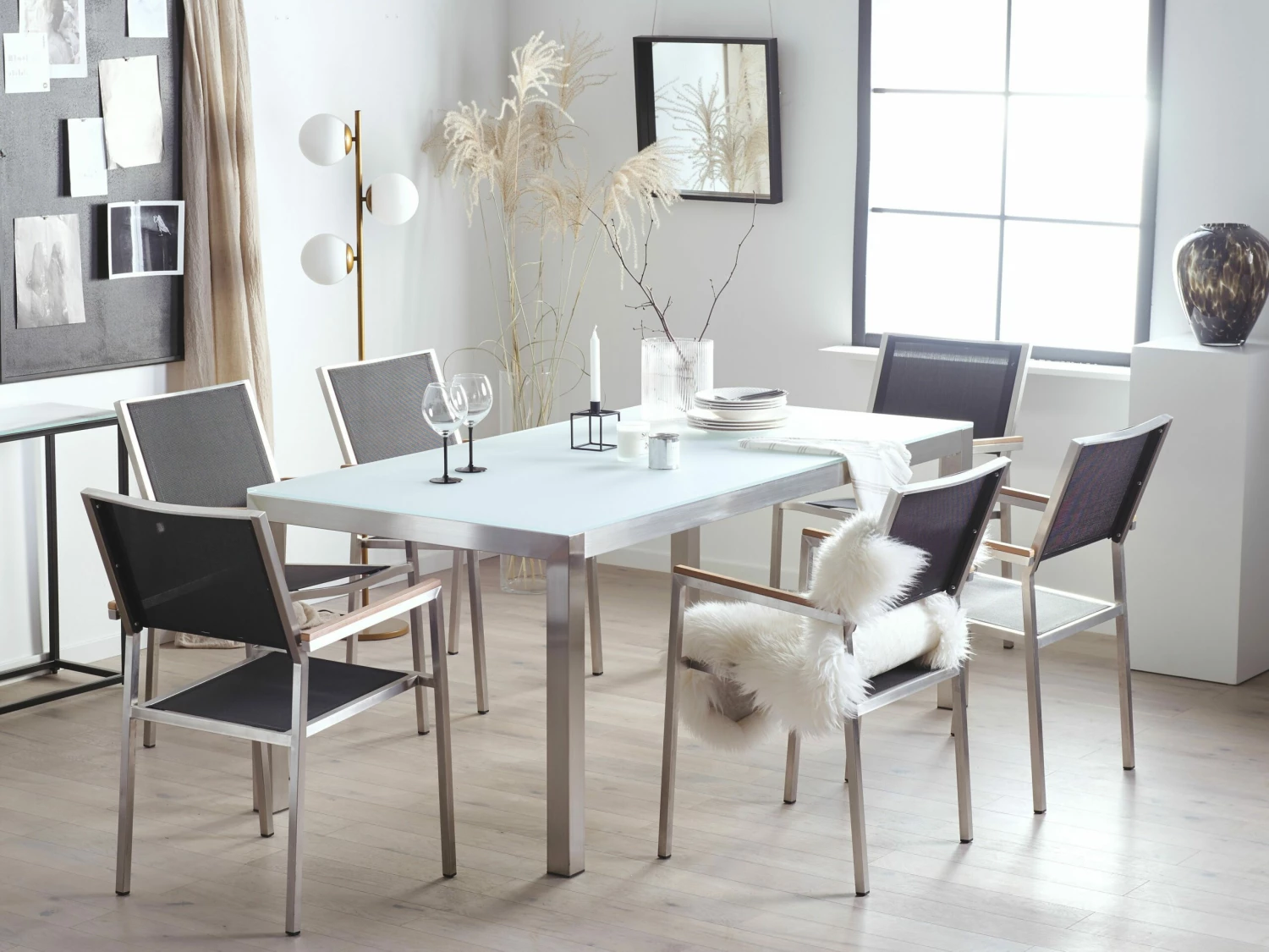 Gartenmöbel Set Glasplatte Weiß 180 X 90 Cm 6-Sitzer Stühle Textilbespannung Schwarz GROSSETO – Bild 4