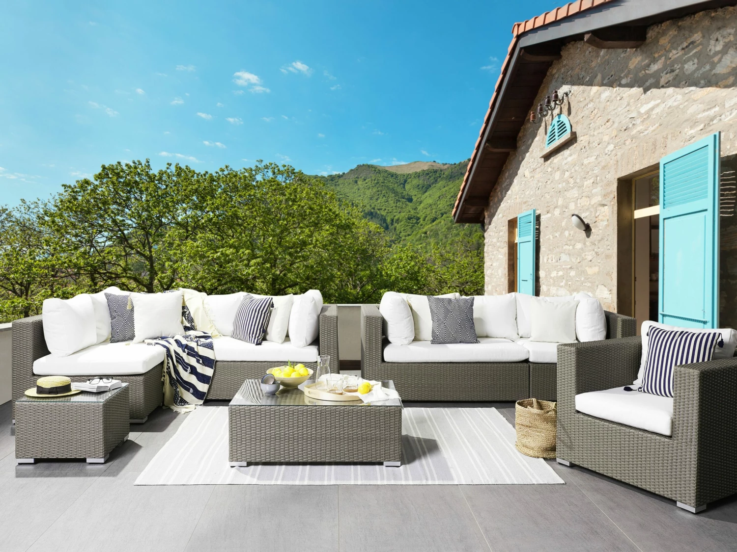 Lounge Set Rattan Taupe 8-Sitzer Auflagen Cremeweiß MAESTRO II – Bild 5