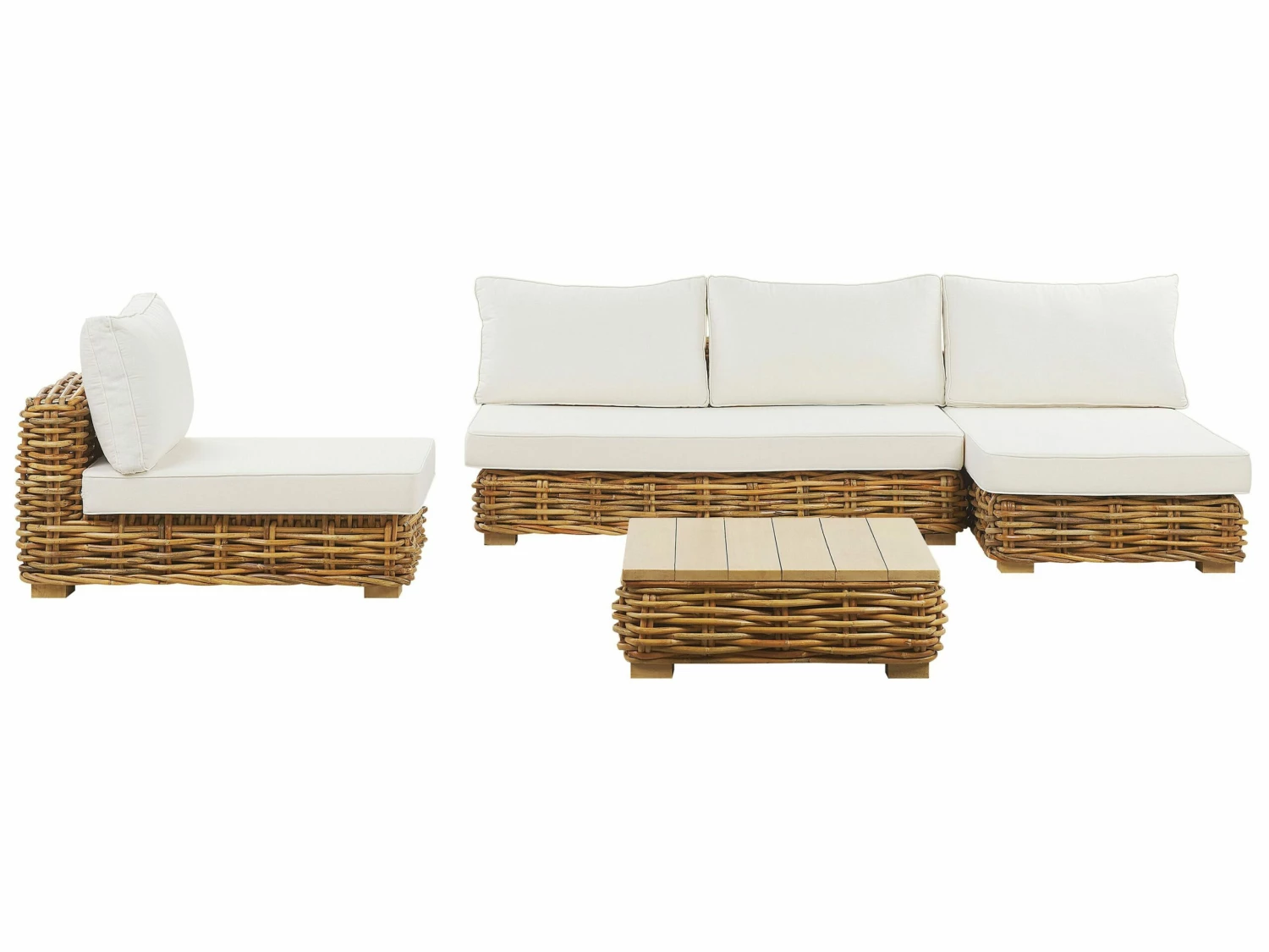 Lounge Set Rattan Natürlich 4-Sitzer Linksseitig Auflagen Cremeweiß VARALLO