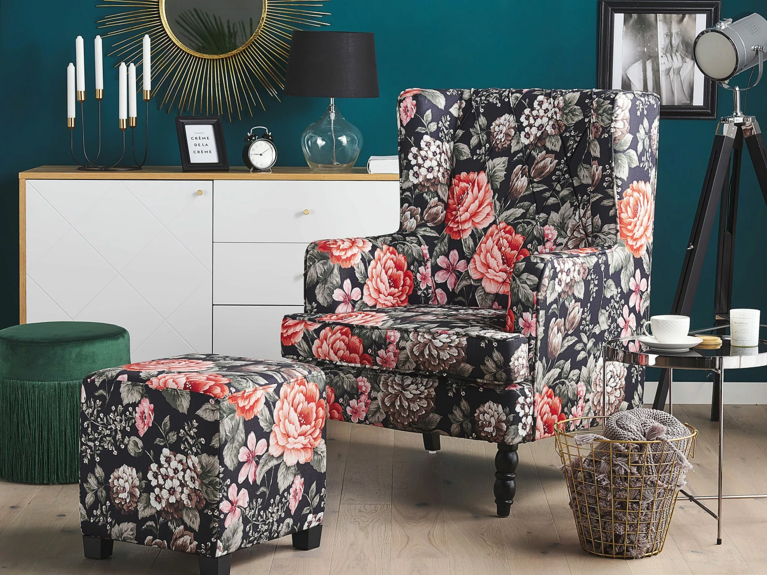 Sessel Polsterbezug Schwarz Blumenmuster Plus Hocker SANDSET – Bild 2