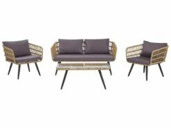 Lounge Set Rattan Natürlich 4-Sitzer Auflagen Graphitgrau FOBELLO