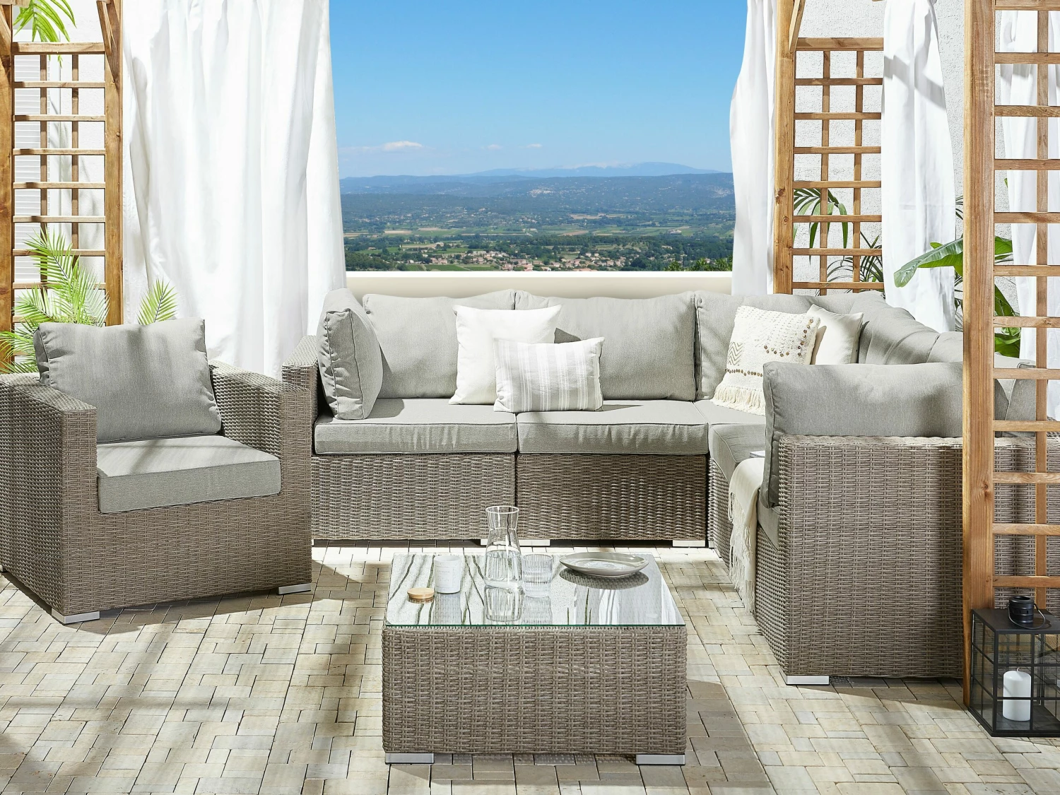 Lounge Set Rattan Taupe 6-Sitzer Linksseitig Auflagen Hellgrau CONTARE – Bild 2