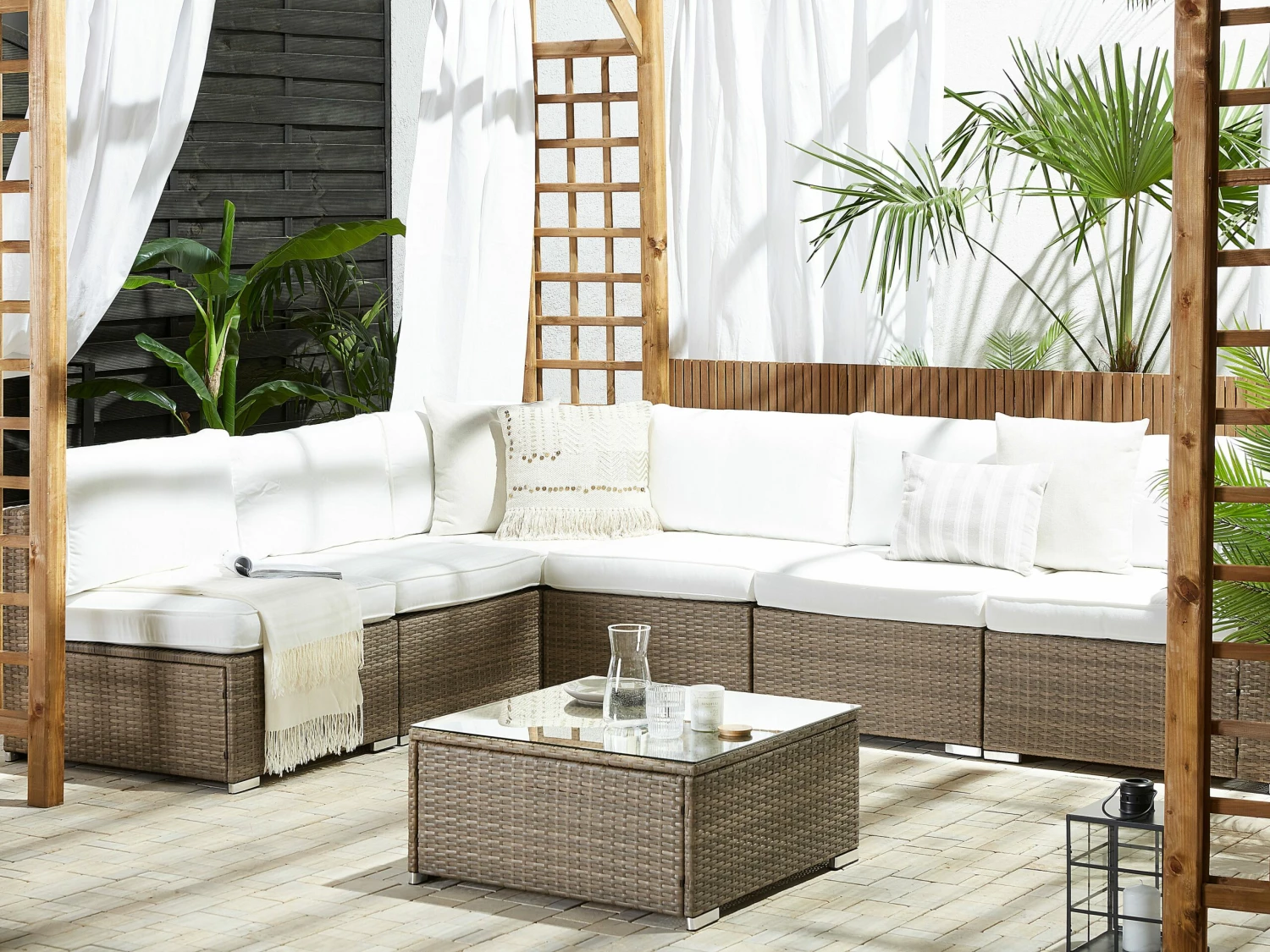 Lounge Set Rattan Braun 6-Sitzer Auflagen Weiß BELVEDERE – Bild 7