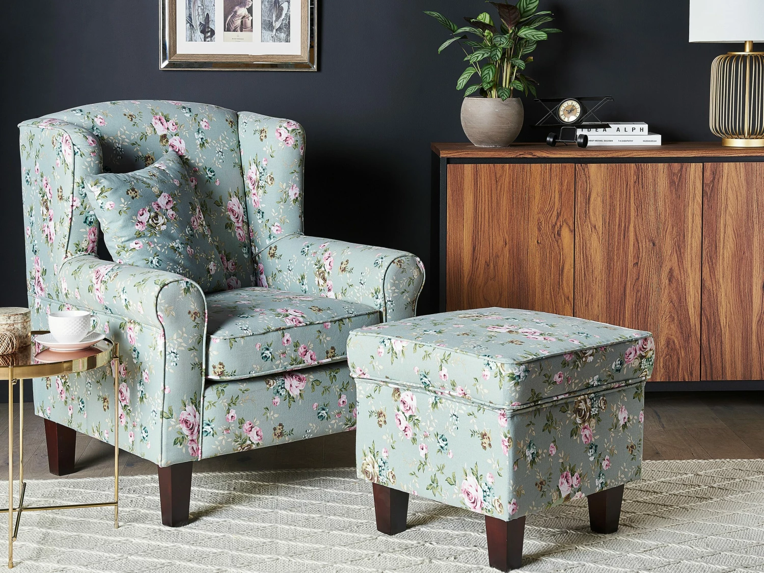 Sessel Polsterbezug Grün Blumenmuster Plus Hocker HAMAR – Bild 2