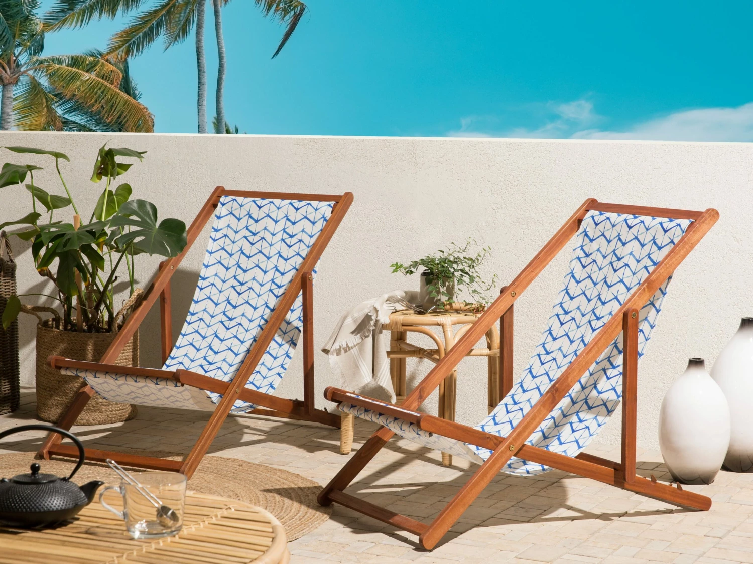 Liegestuhl Akazienholz Dunkelbraun Textil Blau Zick Zack Muster 2er Set ANZIO – Bild 2