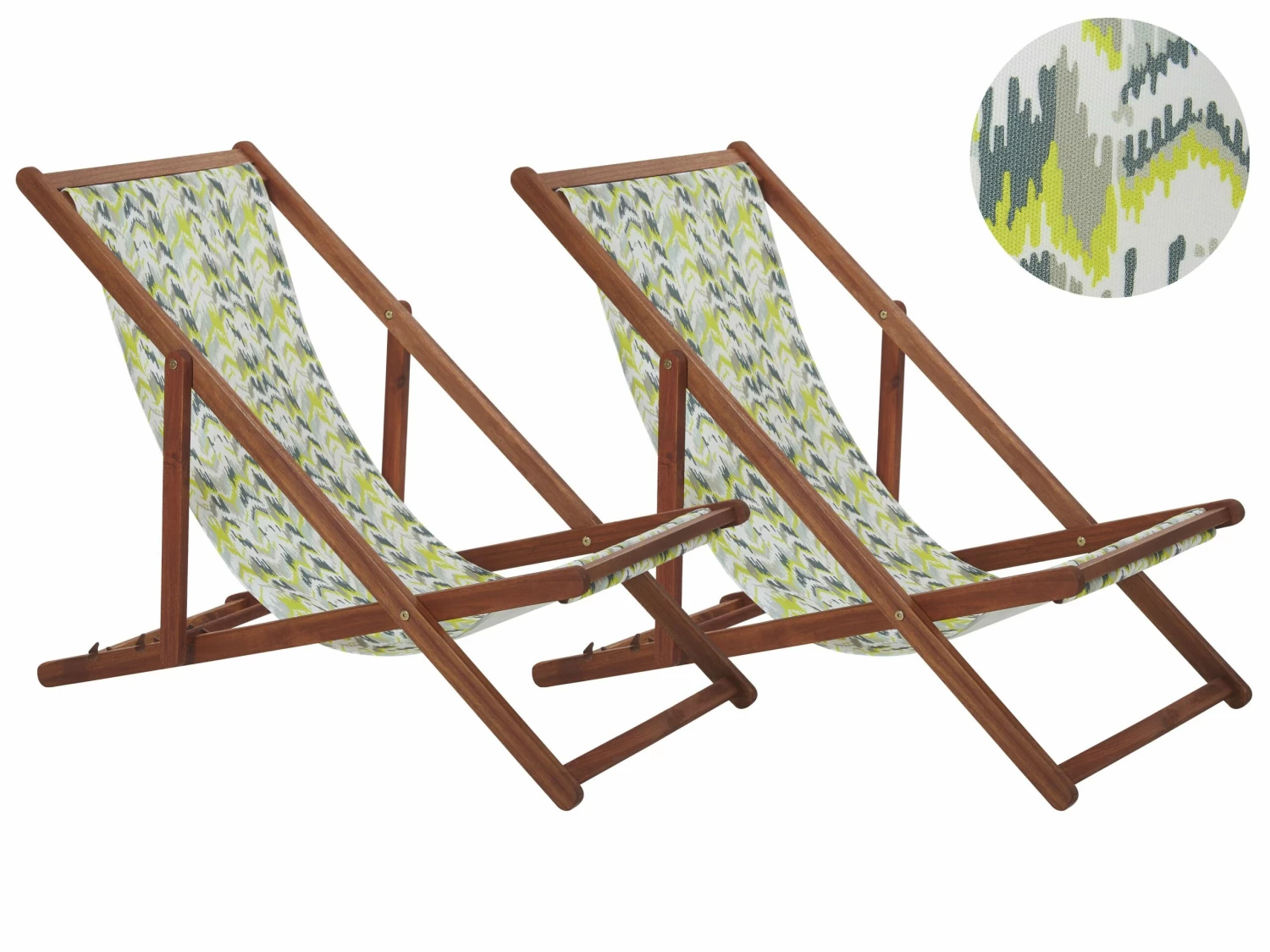 Liegestuhl Akazienholz Dunkelbraun Textil Gelb Zick Zack Muster 2er Set ANZIO
