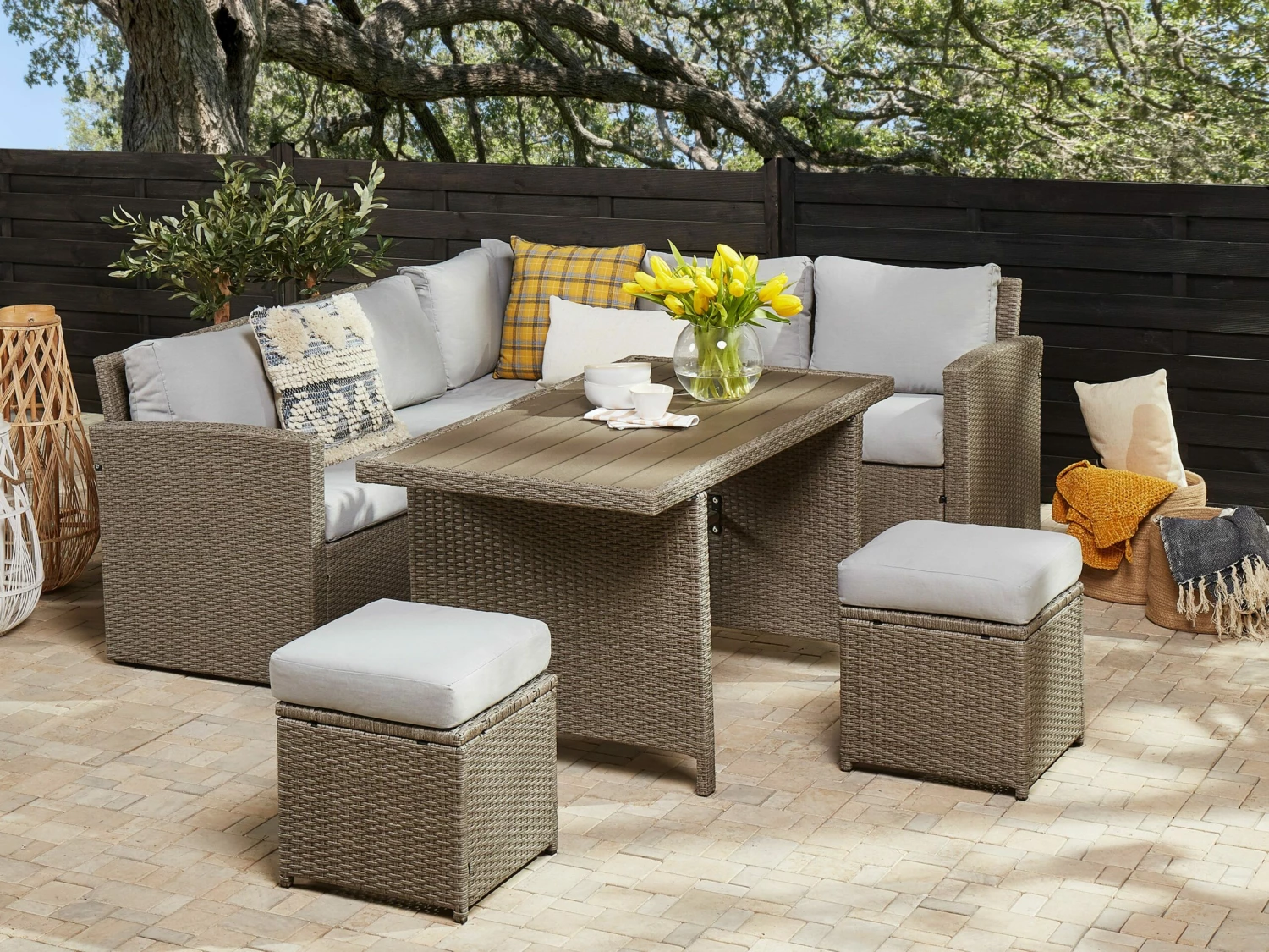 Lounge Set Rattan Taupe 5-Sitzer Auflagen Hellgrau BARDI – Bild 2