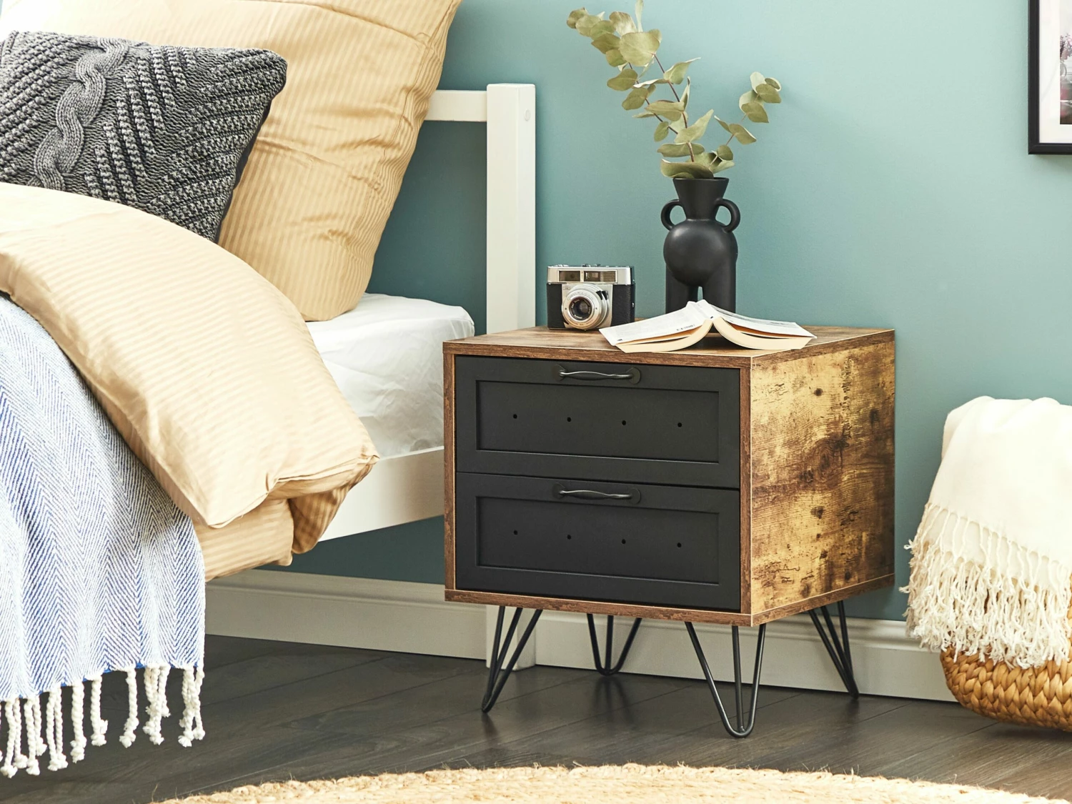 Nachttisch Dunkler Holzfarbton / Schwarz 2 Schubladen ARKAN – Bild 2