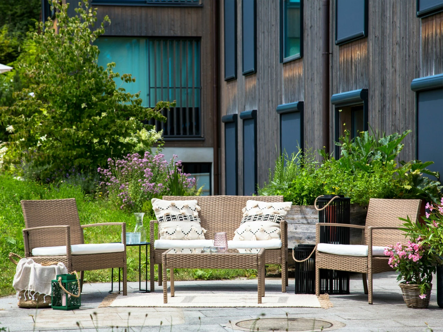 Lounge Set Rattan Hellbraun 4-Sitzer Auflagen Cremeweiß MARSALA – Bild 8