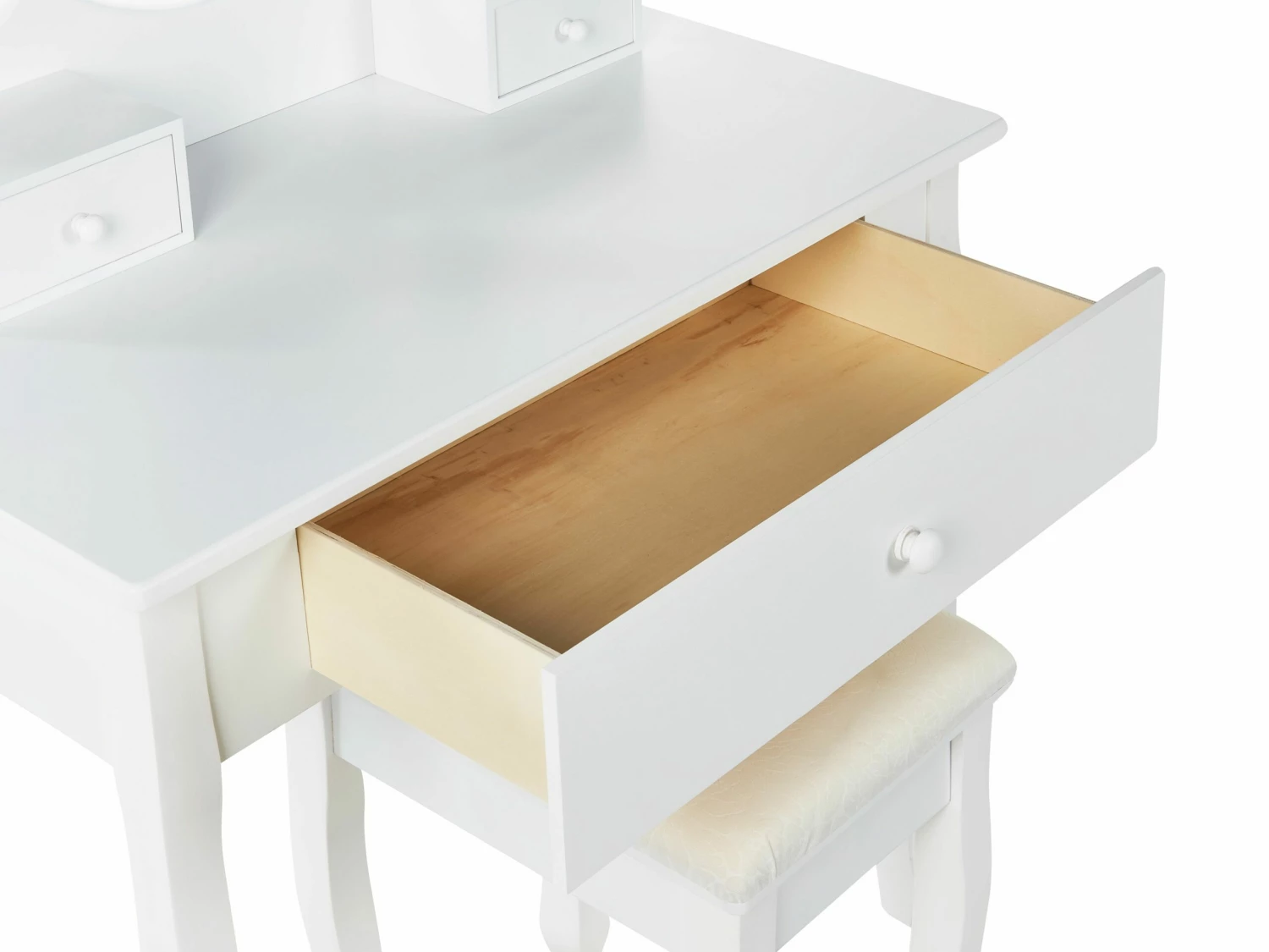 Schminktisch Mit Ovalem Spiegel Hocker 3 Schubladen Weiß ASTRE – Bild 6