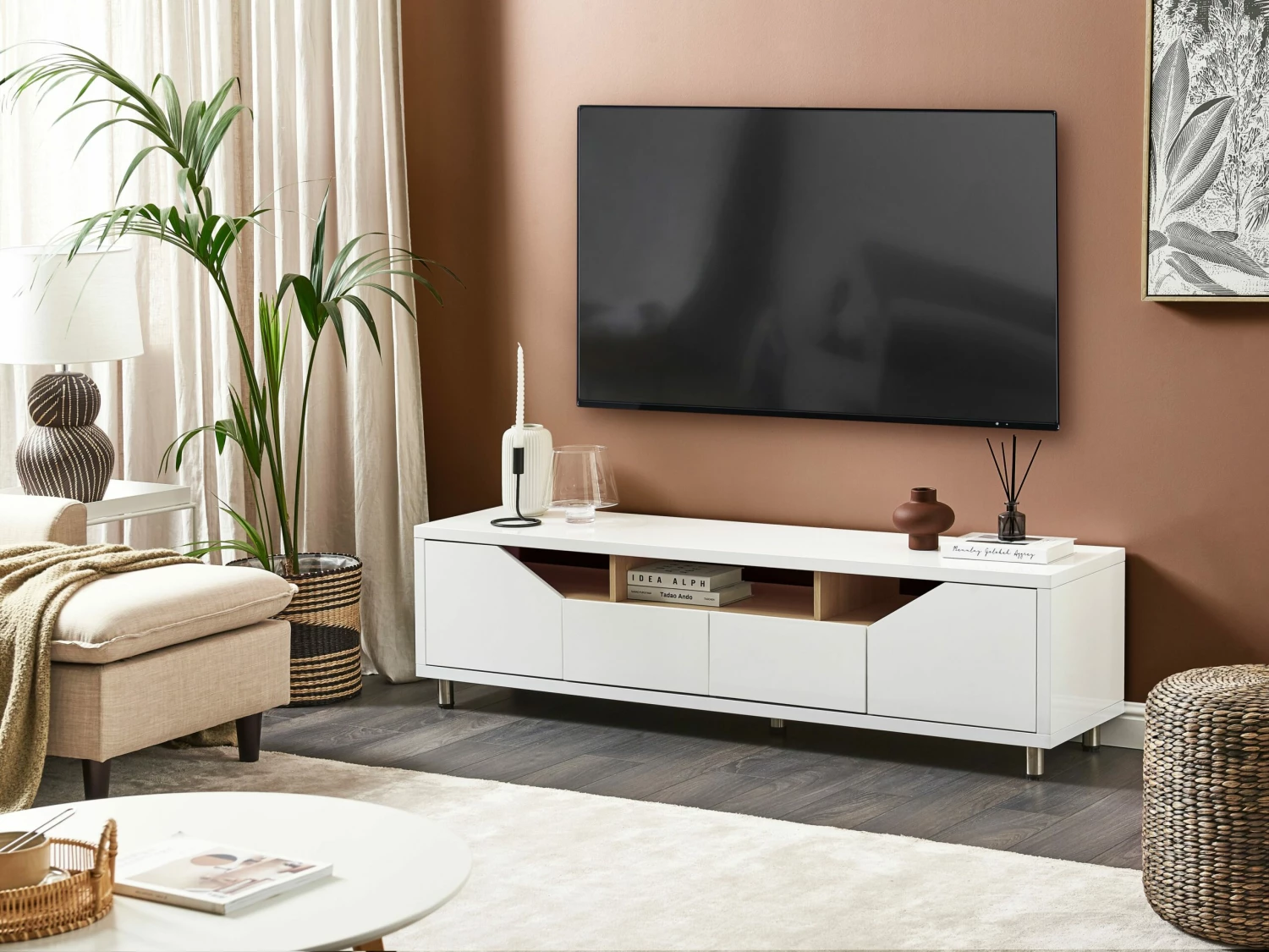 TV-Möbel Weiß / Heller Holzfarbton Mit 2 Schubladen 160 X 40 X 44 Cm CINCI – Bild 2