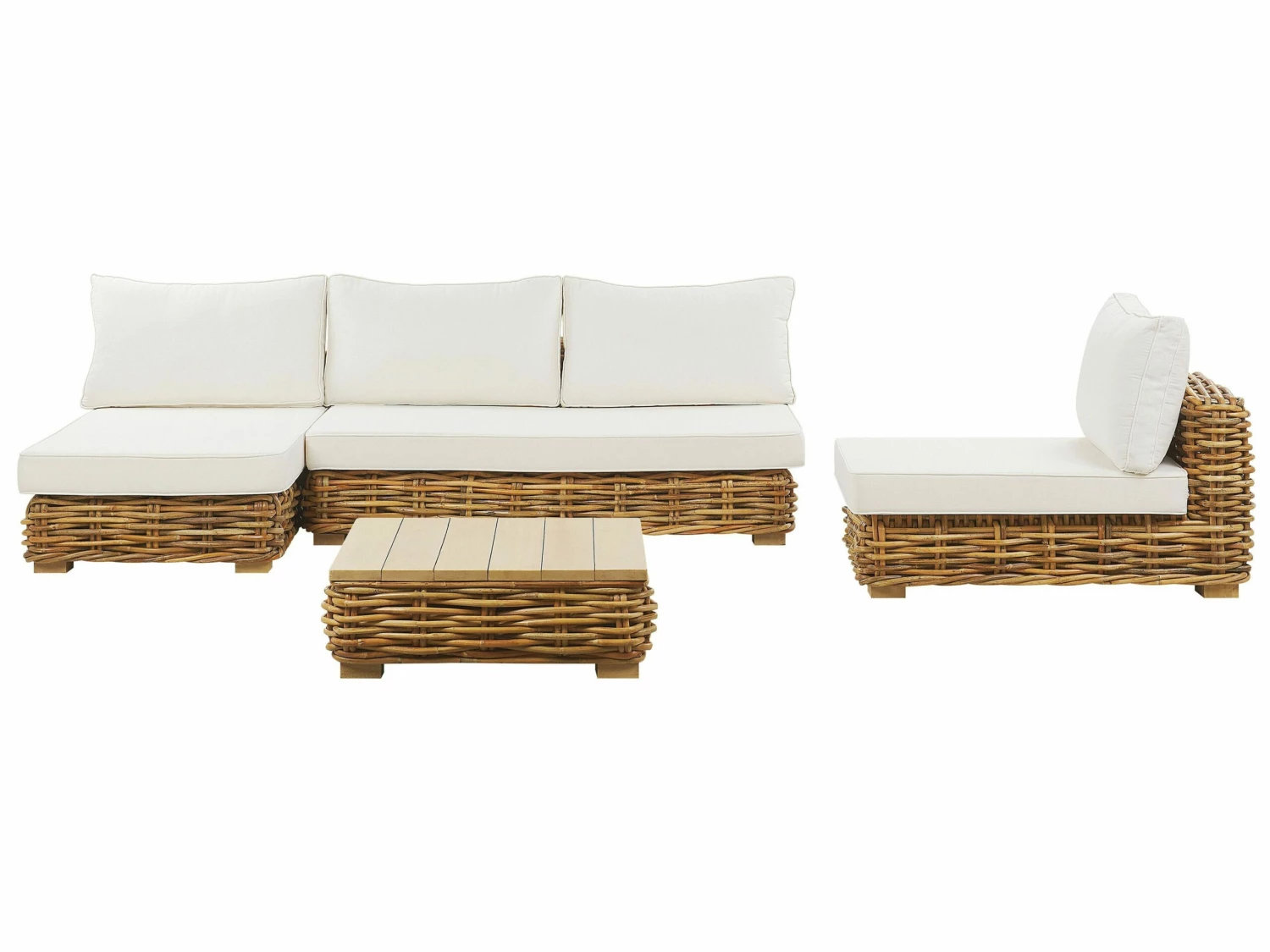 Lounge Set Rattan Natürlich 4-Sitzer Rechtsseitig Auflagen Cremeweiß VARALLO
