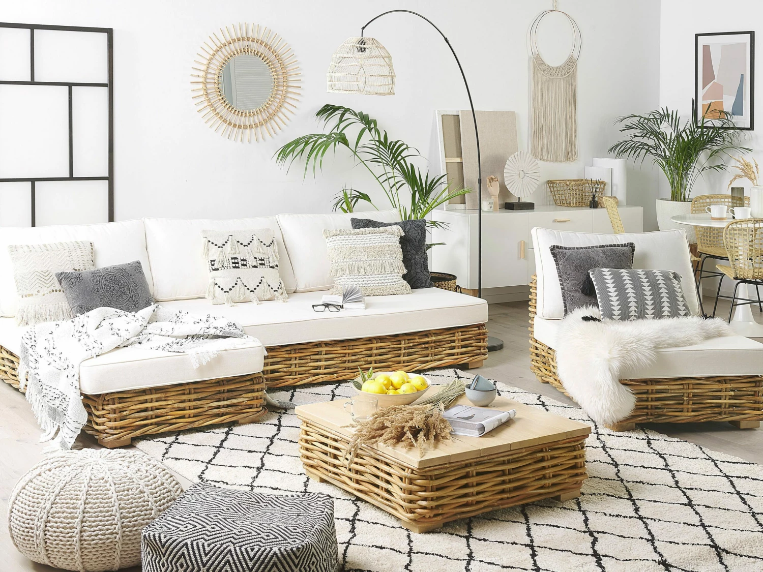 Lounge Set Rattan Natürlich 4-Sitzer Rechtsseitig Auflagen Cremeweiß VARALLO – Bild 5