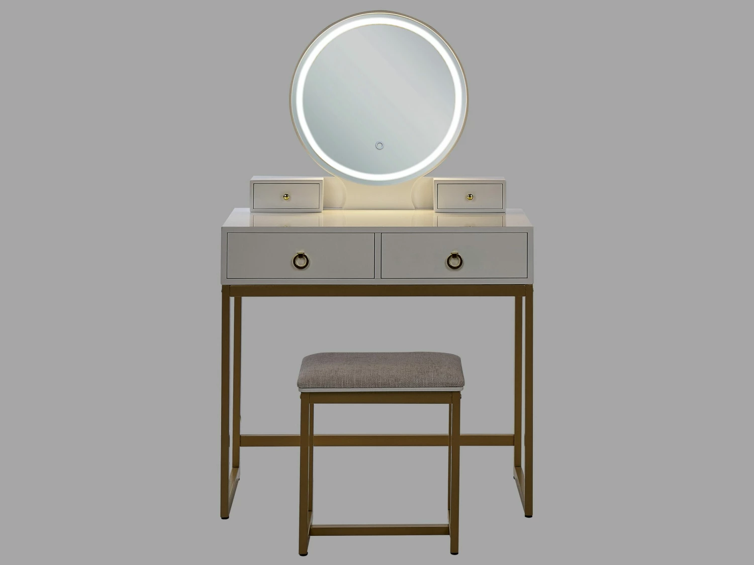 Schminktisch Mit Rundem LED-Spiegel Hocker 4 Schubladen Weiß / Gold AUXON – Bild 6