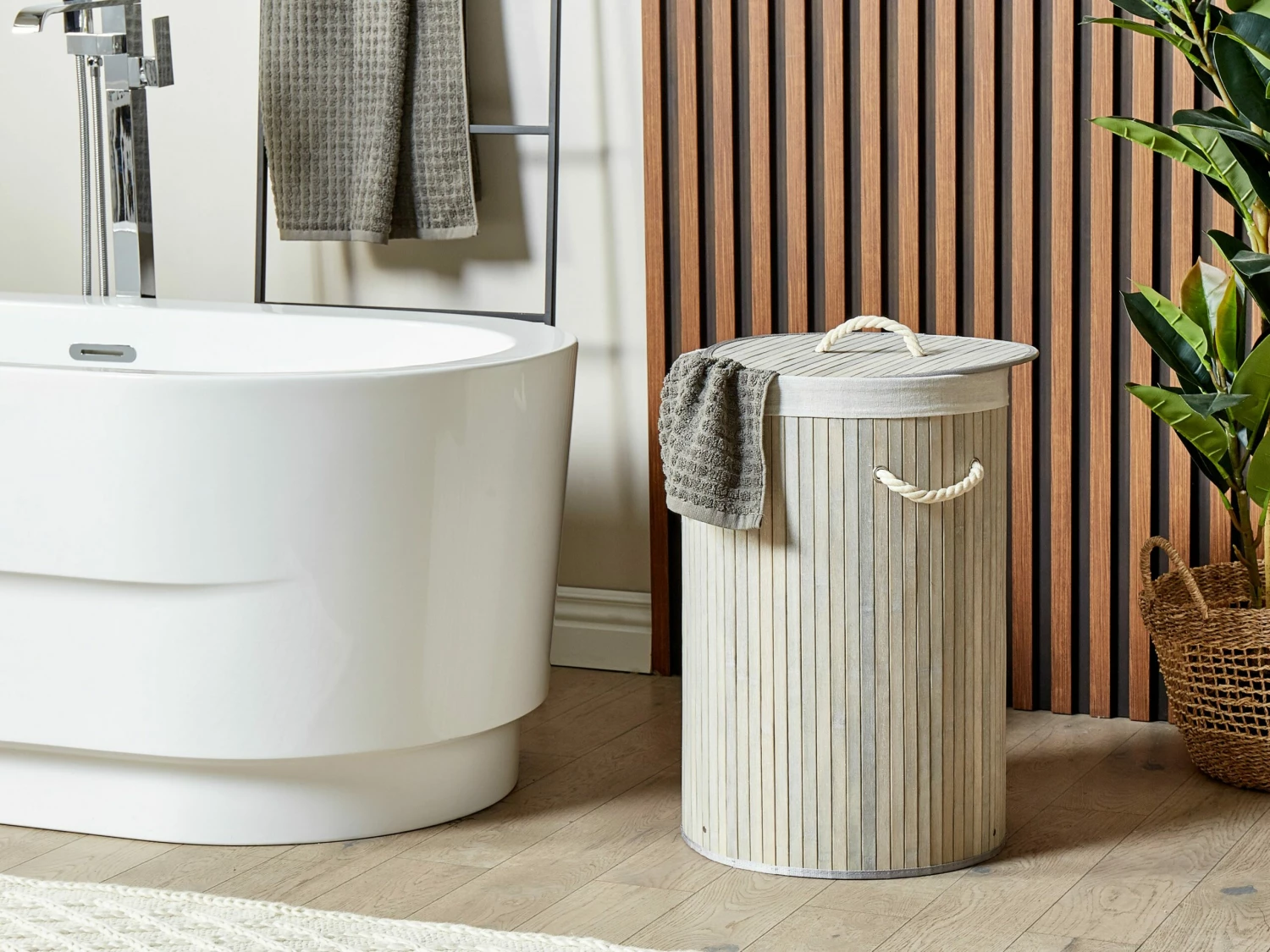 Korb Mit Deckel Bambusholz Hellgrau Rund SANNAR – Bild 2